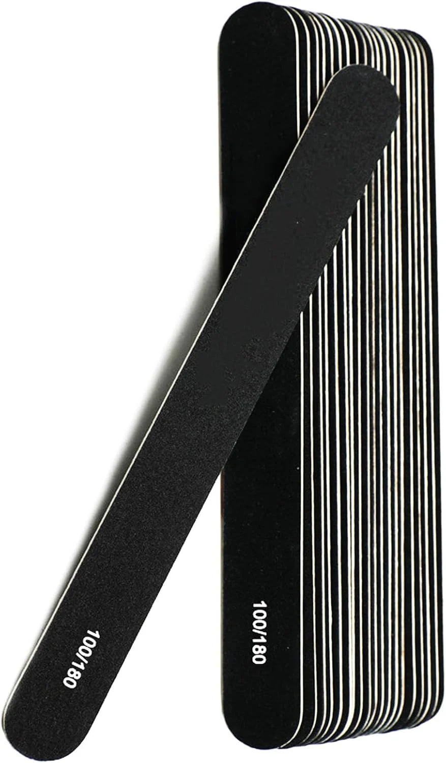 ست ۲۴ عددی سوهان ناخن سمباده ای، سوهان چوبی با درجه زبری ۱۰۰/۱۸۰ برای ناخن های طبیعی، ست ابزار مانیکور یکبار مصرف مناسب استفاده در منزل و سالن، مشکی، ۷ اینچ