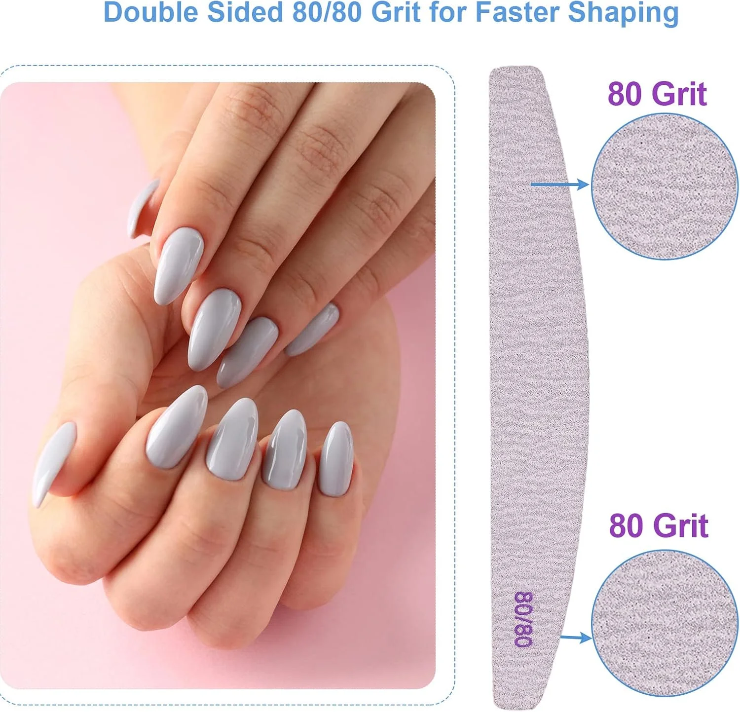 سوهان ناخن گریت 80/80 (بسته 10 عددی)، تخته سنباده برای ناخن های اکریلیک و ناخن های ژل، سوهان ناخن زبر دو طرفه گریت 80، سوهان ناخن حرفه ای قابل شستشو و استفاده مجدد، مانیکور خمیده خاکستری