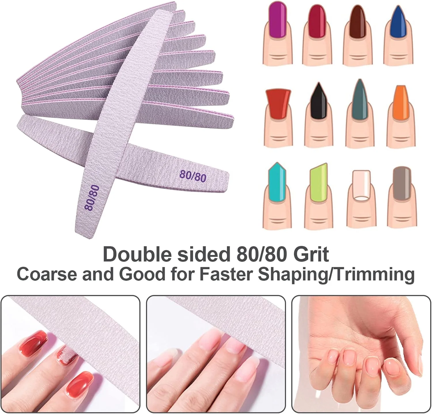 سوهان ناخن گریت 80/80 (بسته 10 عددی)، تخته سنباده برای ناخن های اکریلیک و ناخن های ژل، سوهان ناخن زبر دو طرفه گریت 80، سوهان ناخن حرفه ای قابل شستشو و استفاده مجدد، مانیکور خمیده خاکستری