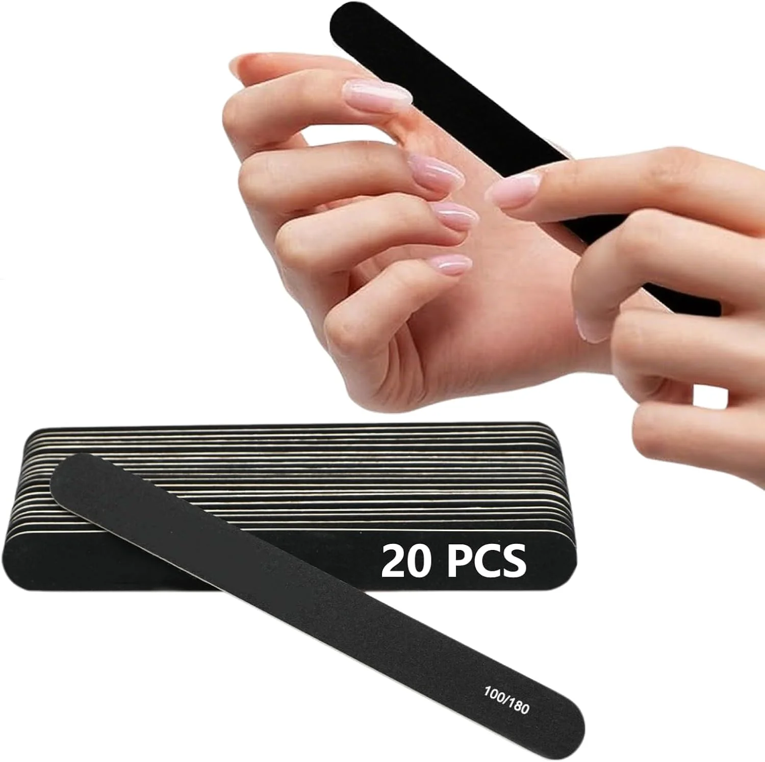 سوهان ناخن 20 عددی دو طرفه حرفه ای با درجه زبری 100/180 مناسب مانیکور، پدیکور، استفاده در منزل و سالن - سمباده ناخن مشکی قابل استفاده مجدد