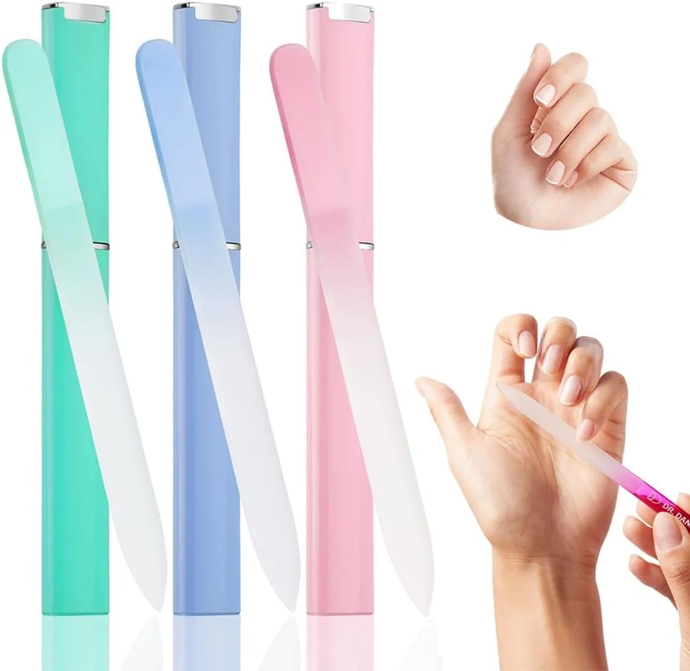 Goodern 3 Pcs Glass Nail File with Case,Crystal Fingernail Files for Natural,Double Sided Etched Filer,Professional Manicure Nail Care Tool,Unique Gifts Women Stocking Stuffers for Women Adults