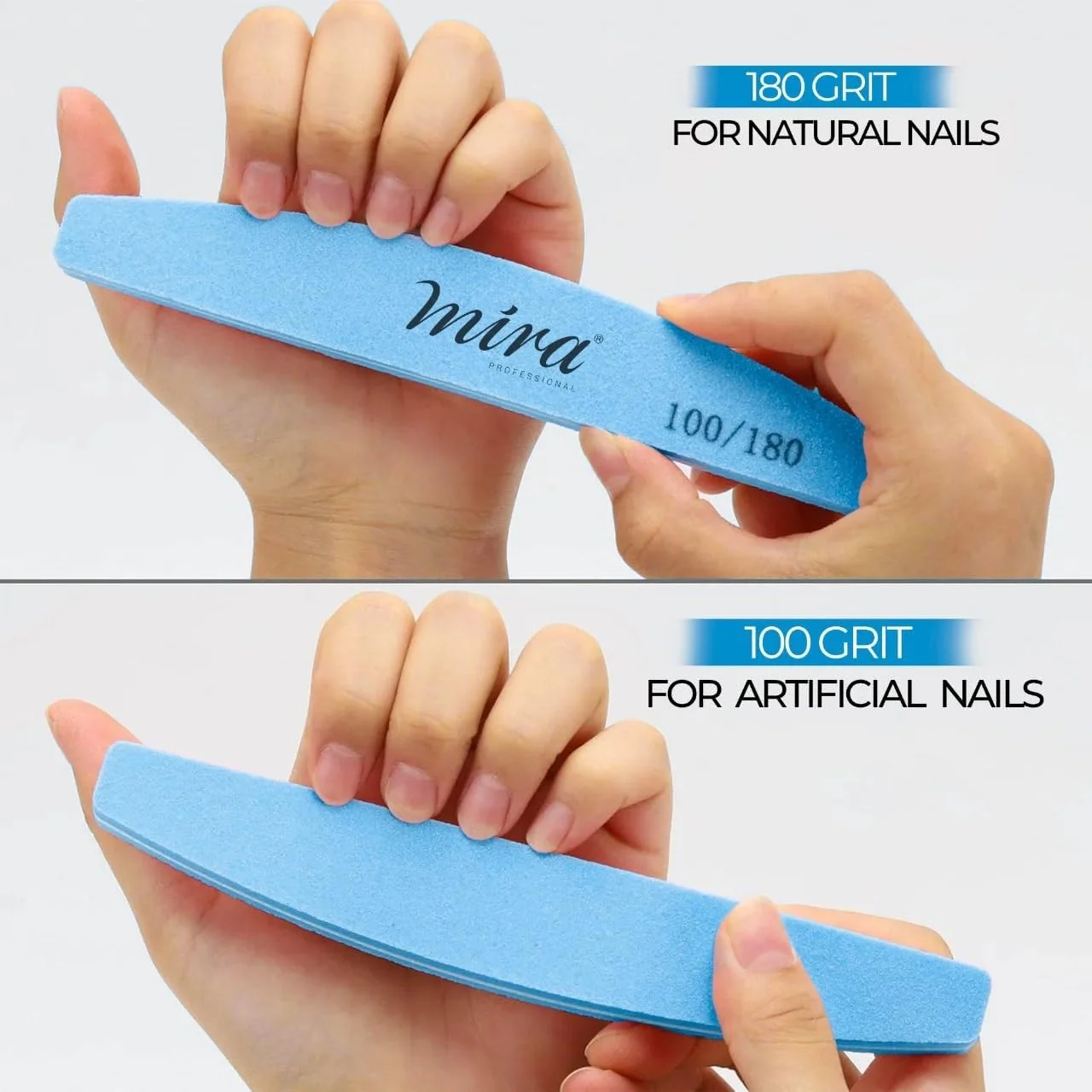 مجموعه سوهان ناخن میرا آبی 704 – بسته 10 عددی سوهان های اسفنجی هلالی ماه حرفه ای برای ناخن های ژلی، اکریلیک و طبیعی