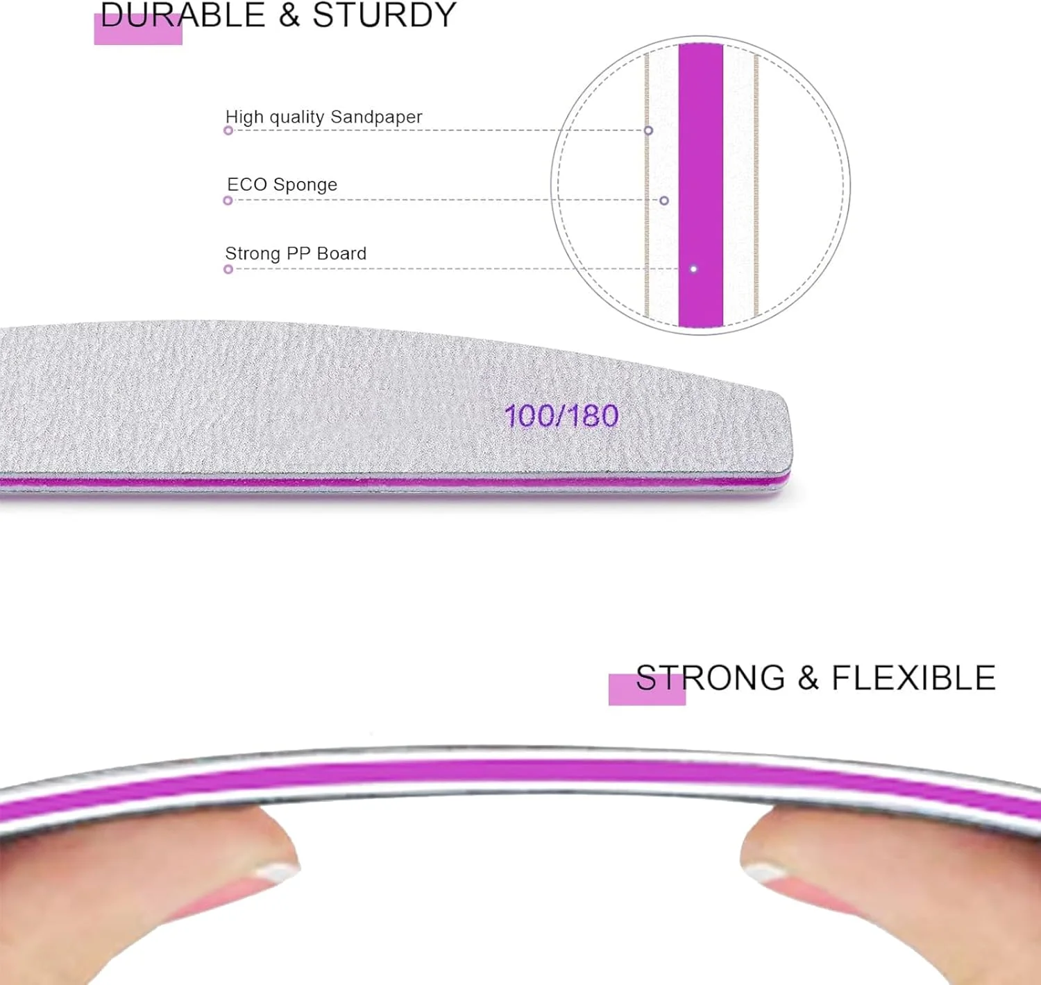 ست 6 عددی سوهان ناخن حرفه ای 100/180، سمباده های هلالی بادوام دو طرفه برای ناخن های اکریلیک/ژل/طبیعی، مجموعه ابزار مانیکور ارگونومیک برای استفاده در سالن و منزل و حیوانات خانگی (سفید)