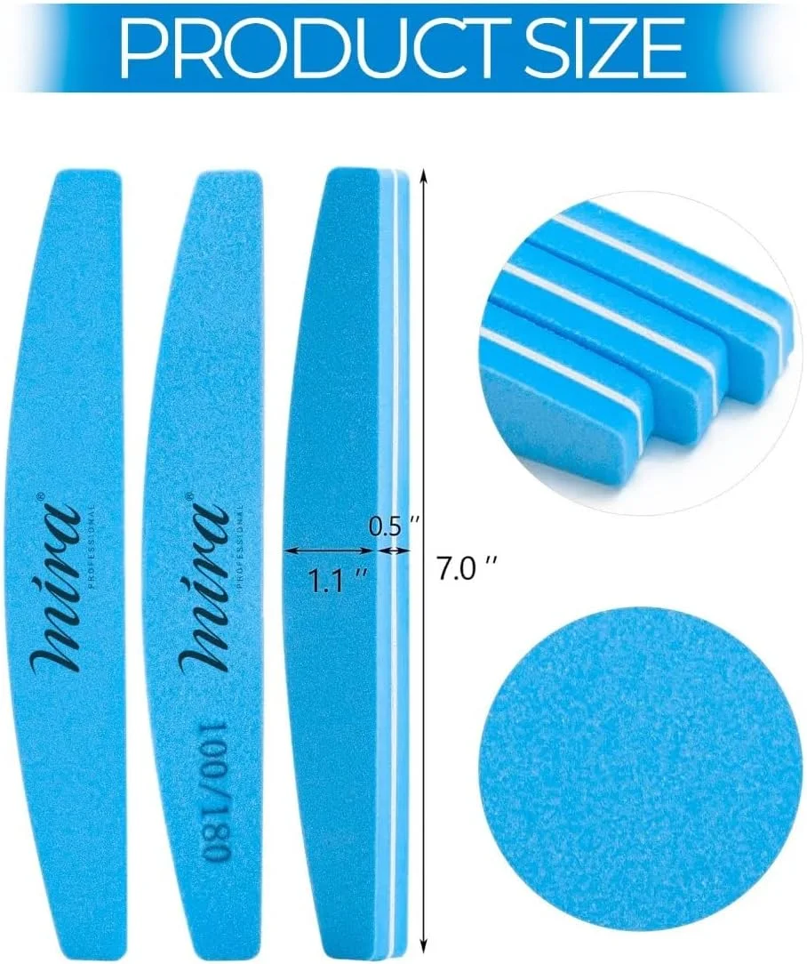 مجموعه سوهان ناخن میرا آبی 704 – بسته 10 عددی سوهان های اسفنجی هلالی ماه حرفه ای برای ناخن های ژلی، اکریلیک و طبیعی