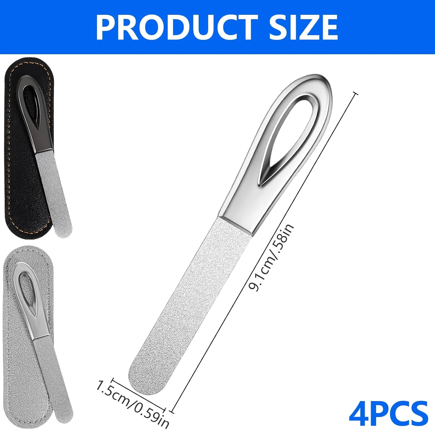 ست ۴ عددی سوهان ناخن فلزی با کیف چرمی، سوهان ناخن استیل ضد زنگ دو طرفه حرفه ای برای مراقبت از ناخن های آقایان و بانوان، سایز مسافرتی با دسته ضد لغزش برای ناخن های اکریلیک و ژلی