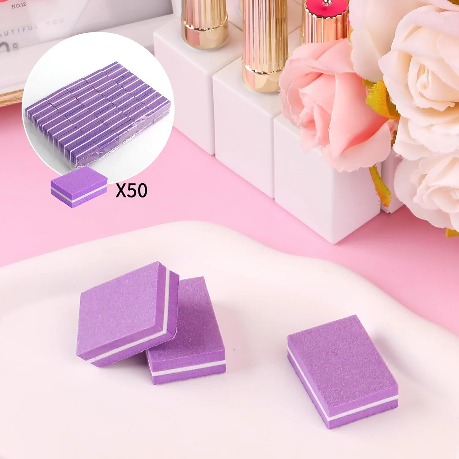 بافر ناخن 50 عددی، مینی بافر بلاک سوهان ناخن برای ناخن های اکریلیک و ناخن های طبیعی، درجه زبری 100/180، سوهان ناخن دو طرفه (بنفش)