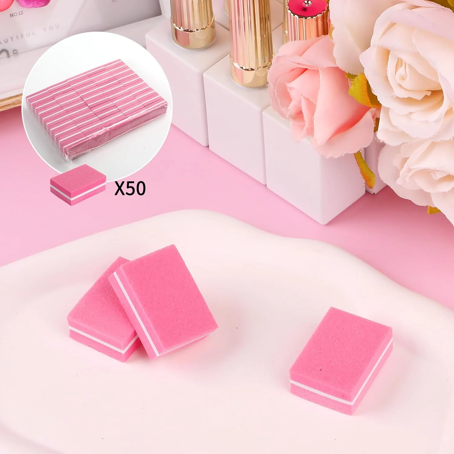 بافر ناخن 50 عددی، مینی بافر بلاک سوهان ناخن برای ناخن های اکریلیک و ناخن های طبیعی، درجه زبری 100/180، سوهان ناخن دو طرفه (صورتی)