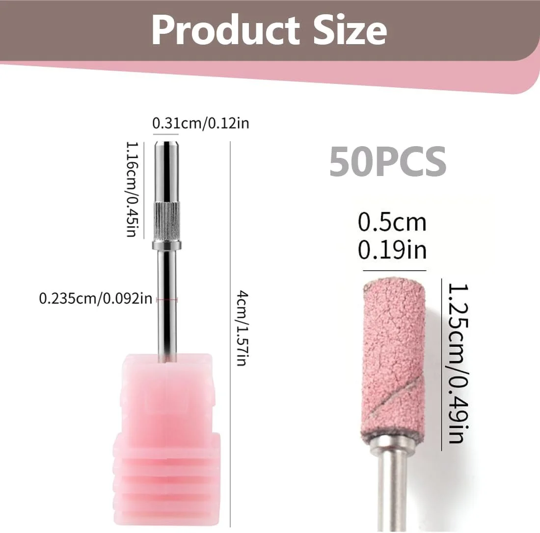 مجموعه 50 عددی سنباده آستینی ناخن شماره 240 به همراه یک عدد محور مناسب دریل، سنباده امری، سوهان مانیکور پدیکور، رز قرمز