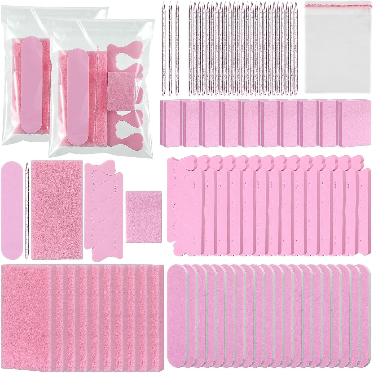 ست 50 عددی پدیکور یکبار مصرف بسته بندی مجزا 5 در 1 شامل سنگ پا، سوهان ناخن درجه زبری 80/100، بافر کوچک، جدا کننده انگشت پا، عقب زننده کوتیکول، کیف شفاف برای سالن و منزل (صورتی)