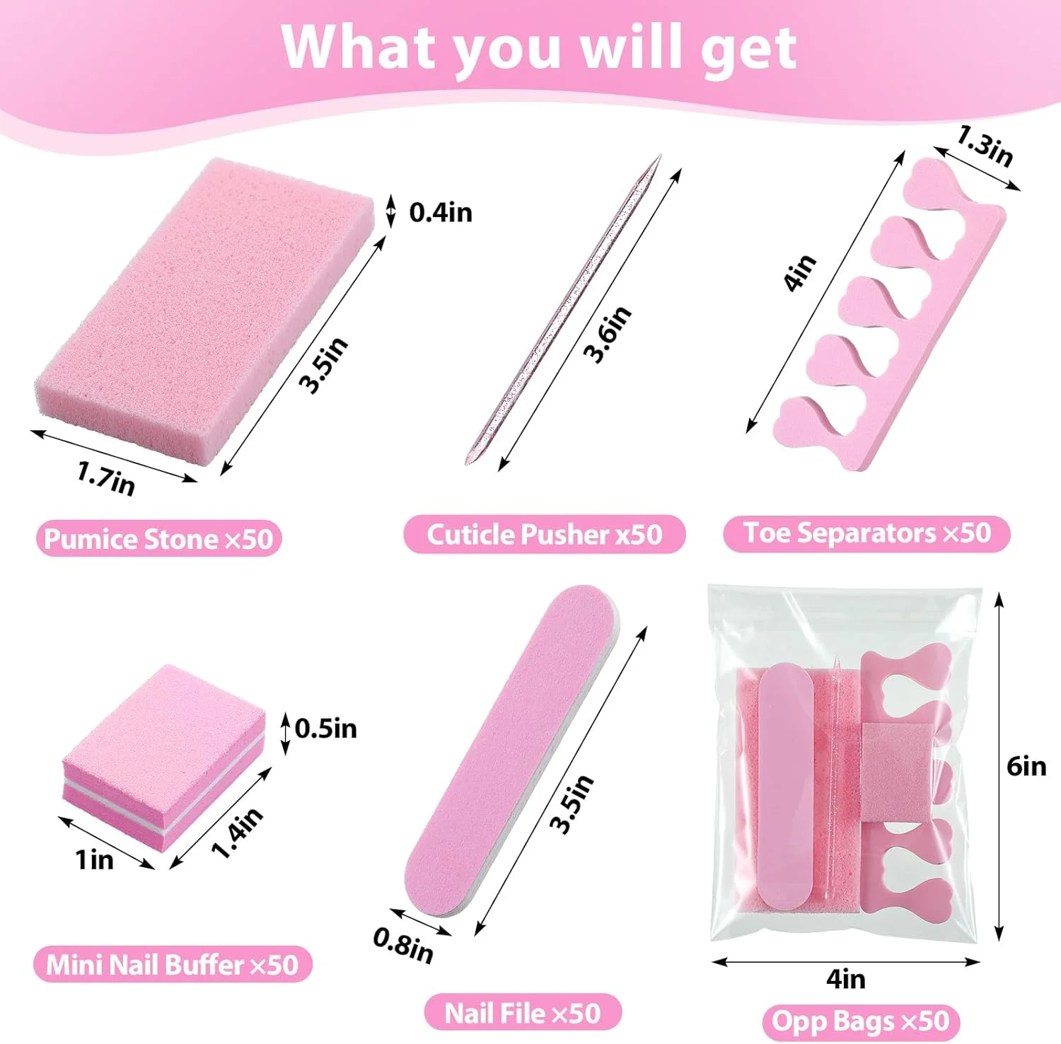 ست 50 عددی پدیکور یکبار مصرف بسته بندی مجزا 5 در 1 شامل سنگ پا، سوهان ناخن درجه زبری 80/100، بافر کوچک، جدا کننده انگشت پا، عقب زننده کوتیکول، کیف شفاف برای سالن و منزل (صورتی)