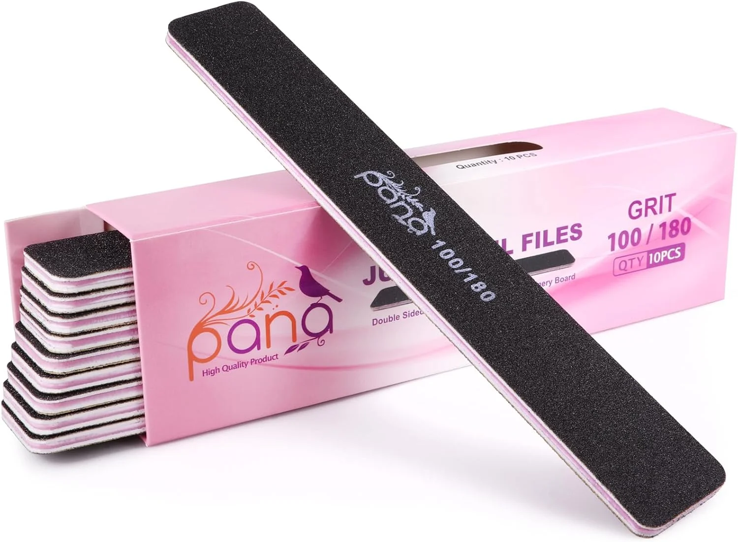 ۱۰ عدد سوهان ناخن دو طرفه حرفه ای پانا سایز بزرگ - مشکی، درجه زبری ۱۰۰/۱۸۰ - سوهان سمباده ای، بافر ناخن، مانیکور، پدیکور، پولیش ناخن، قابل شستشو