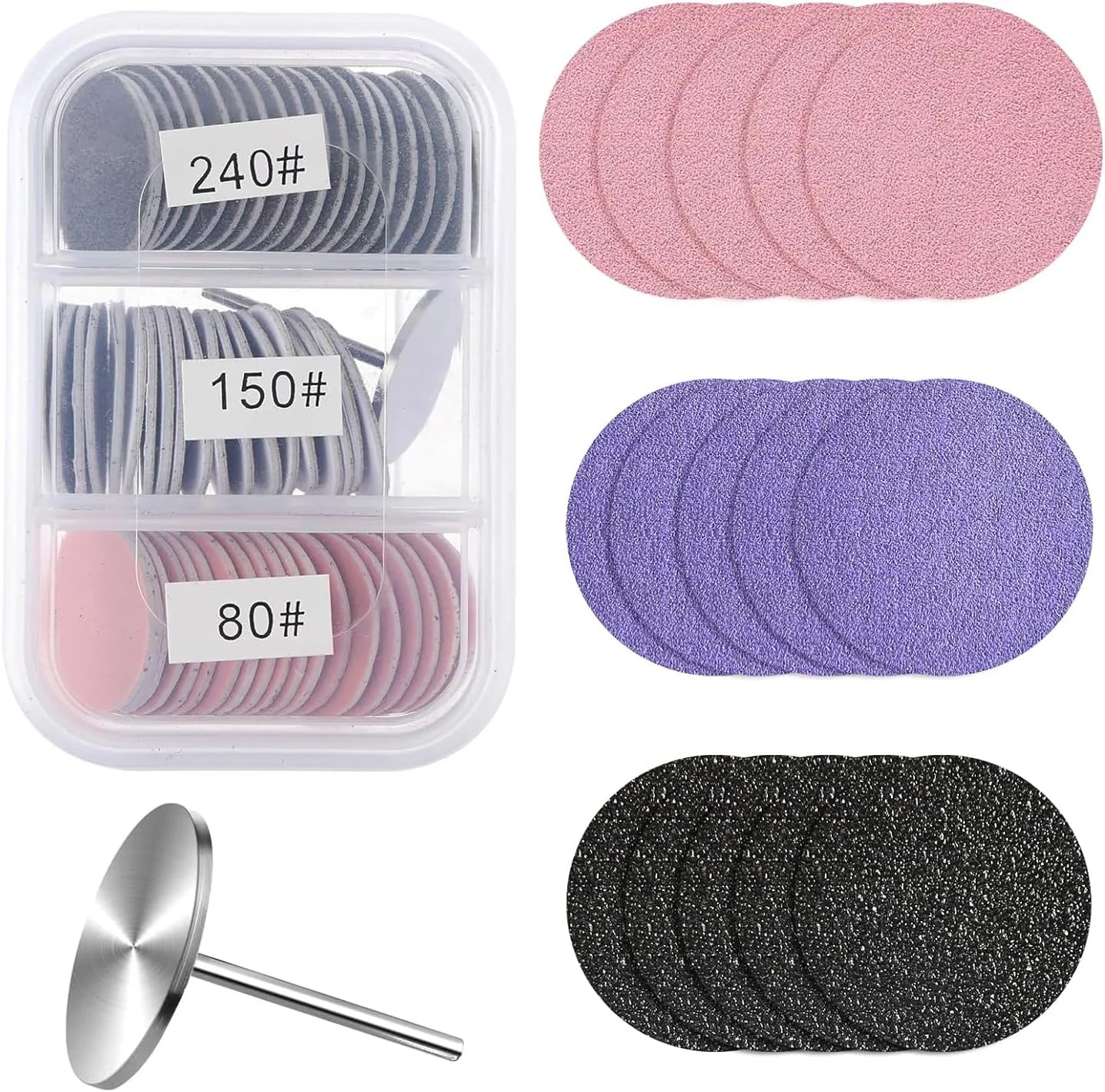 دیسک های سمباده ای با سری فلزی دریل ناخن 25 میلی متری، دیسک های سمباده ای جایگزین پدیکور، دیسک های سمباده ای پا با درجه زبری مختلف برای از بین بردن پوست های مرده و پینه های پا، مناسب مانیکور و پدیکور