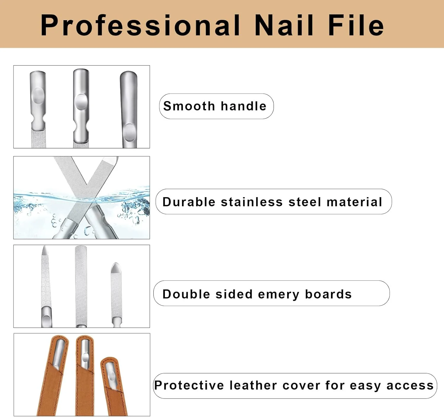 سوهان ناخن فلزی با کیف چرمی، سوهان ناخن حرفه ای استیل ضد زنگ دو طرفه با دانه بندی زبر و نرم