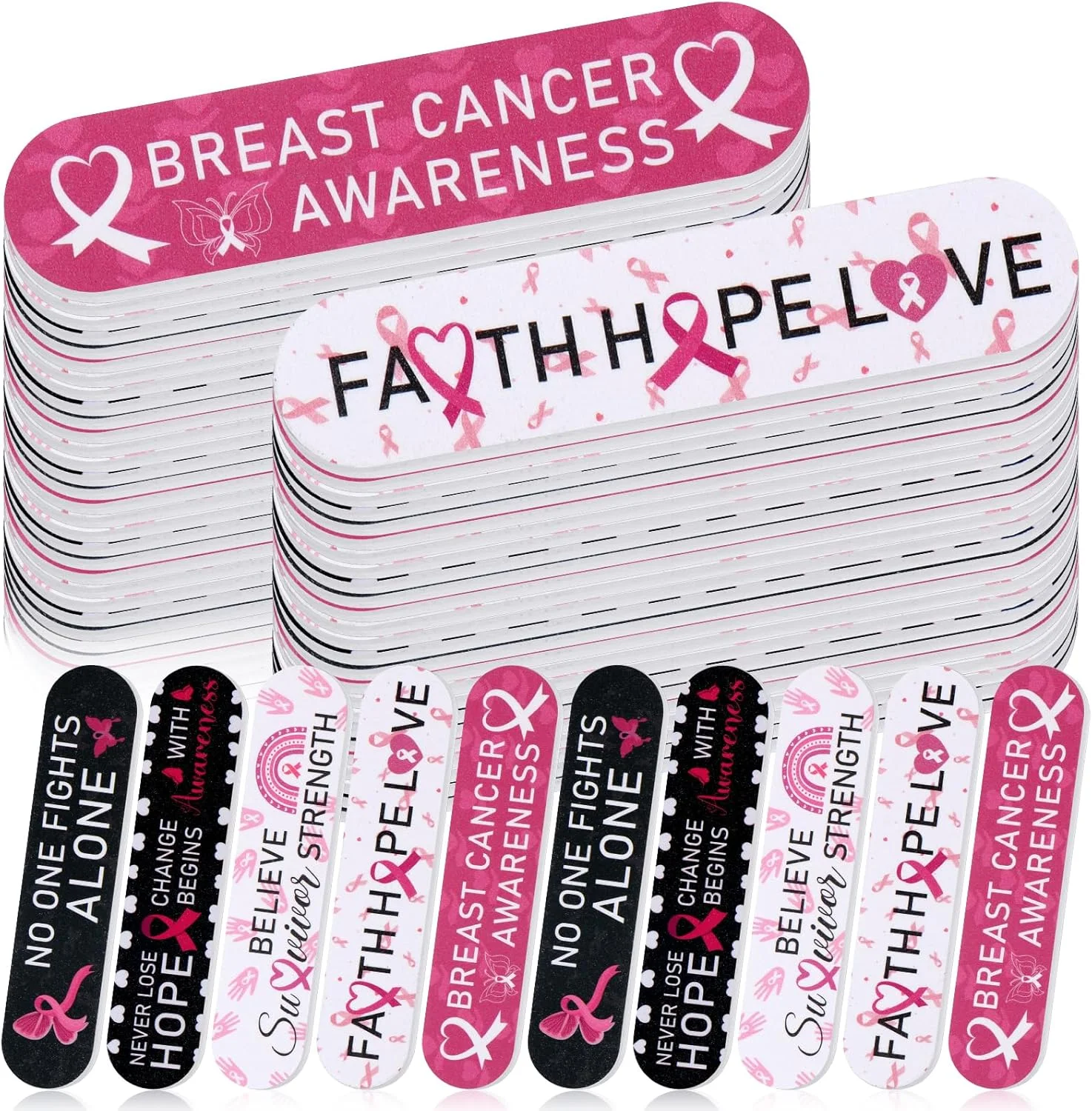 ۵۰ عدد سوهان ناخن با طرح آگاهی‌رسانی سرطان سینه، سوهان سمباده‌ای عمده، روبان صورتی، ابزار مانیکور برای زنان و دختران، هدیه مهمانی آگاهی‌رسانی سرطان سینه، فعالیت‌های رفاه عمومی