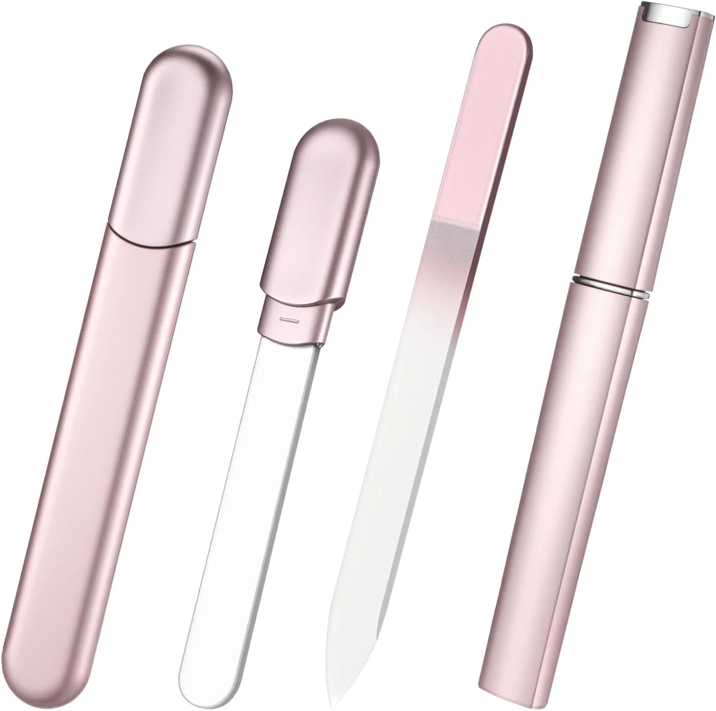 دو عدد سوهان ناخن شیشه ای و بافر همراه با کیف، سوهان ناخن کریستالی شیشه ای برای ناخن های طبیعی، هدیه ای مناسب برای خانم ها (رزگلد)