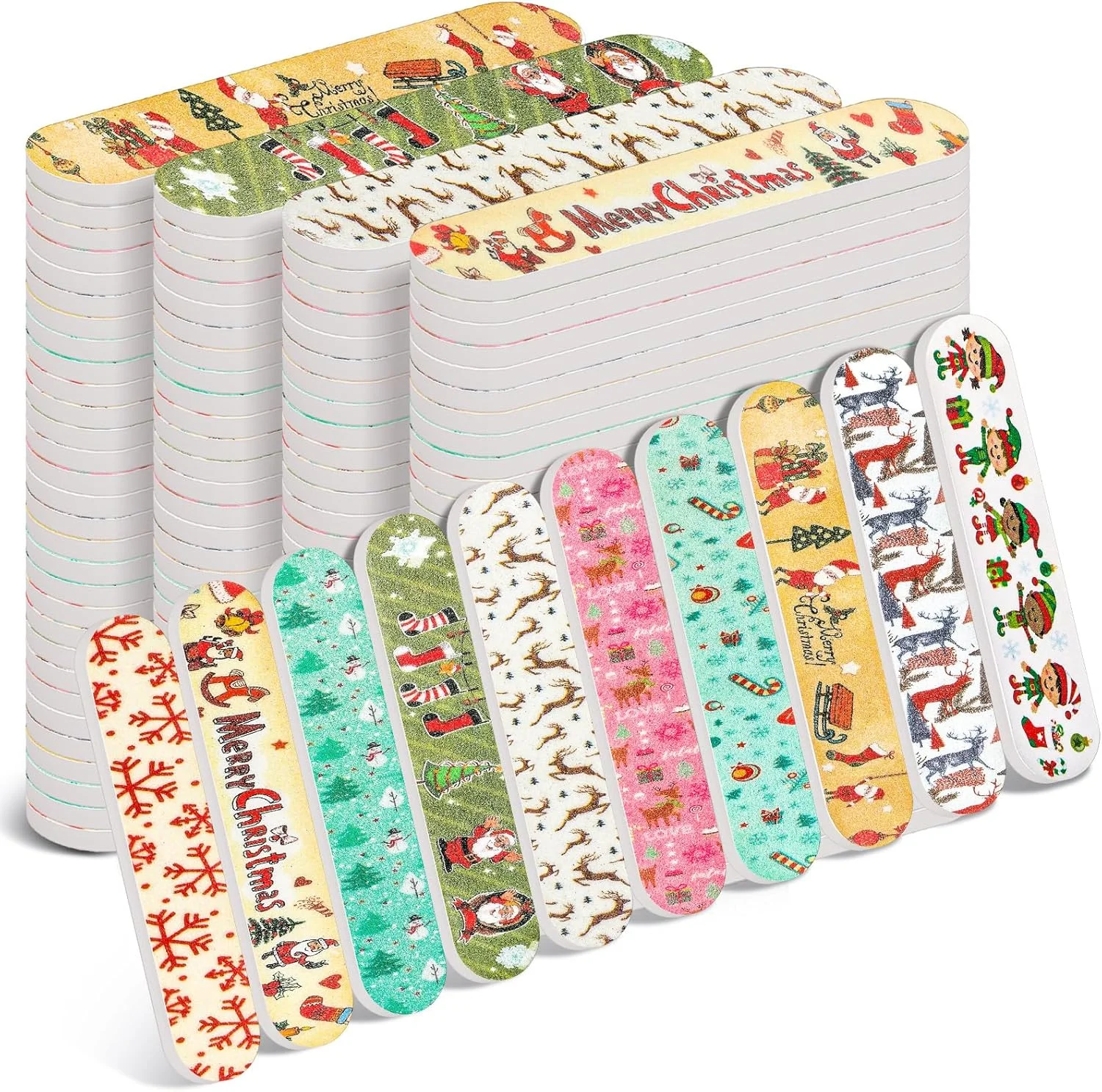 بسته 100 عددی سوهان ناخن طرح کریسمس، هدیه عمده برای تعطیلات، سوهان های کوچک دو طرفه، مناسب برای مهمانی کریسمس، هدیه برای قدردانی از کارمندان، معلمان و همکاران (طرح زیبا)