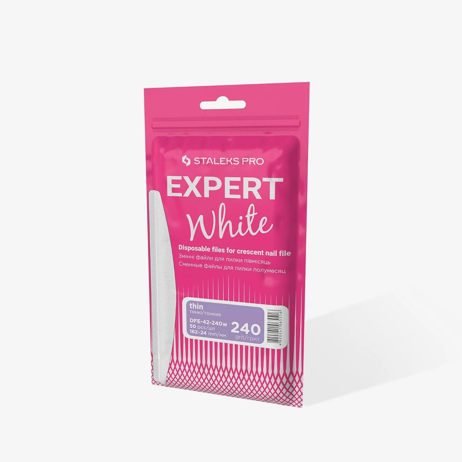 سمباده هلالی یکبار مصرف سفید STALEKS PRO Expert 42 برای پایه سوهان ناخن (دانه بندی 240، 50 عدد) - سوهان های چسبی برای پولیش و آماده سازی ناخن (24x162 میلی متر)