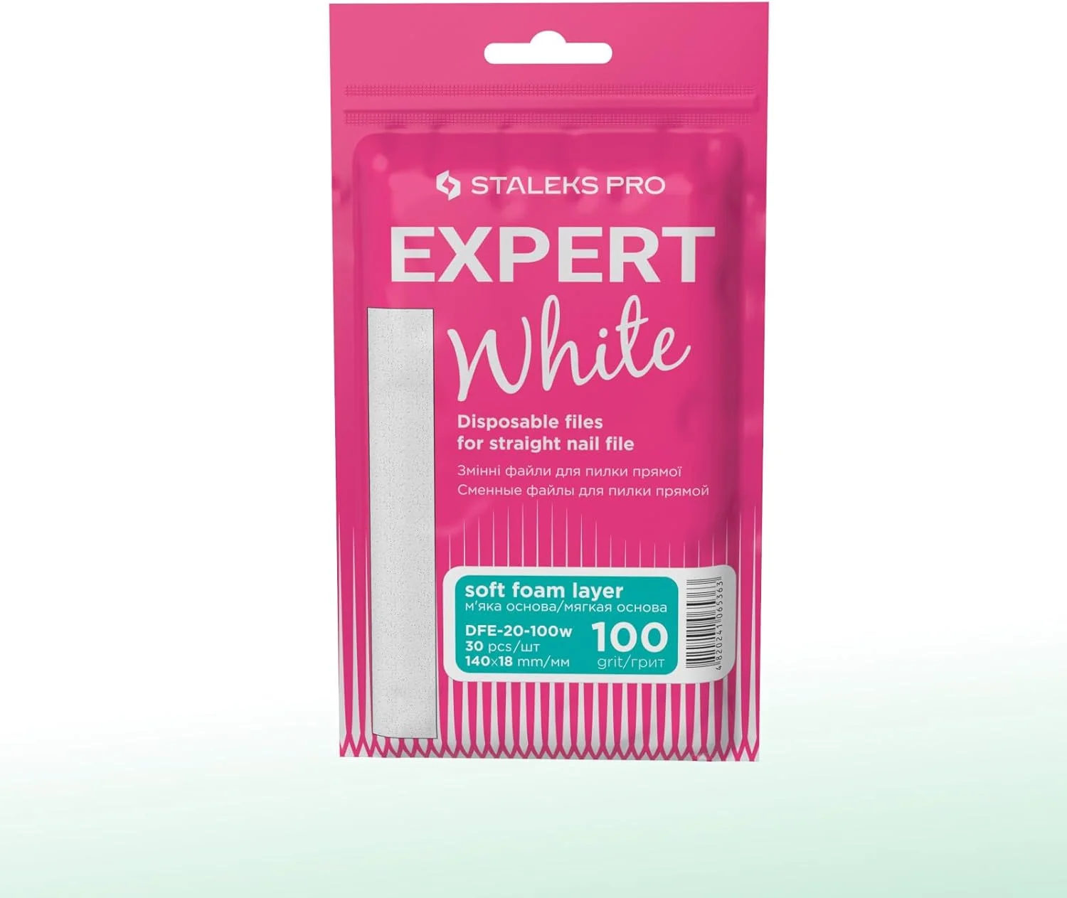 سوهان ناخن یکبار مصرف سمباده ای سفید صاف STALEKS PRO Expert 20 (دانه بندی 100، 30 عدد) - لایه فوم نرم برای شکل دادن به ناخن مصنوعی (140x18 میلی متر)