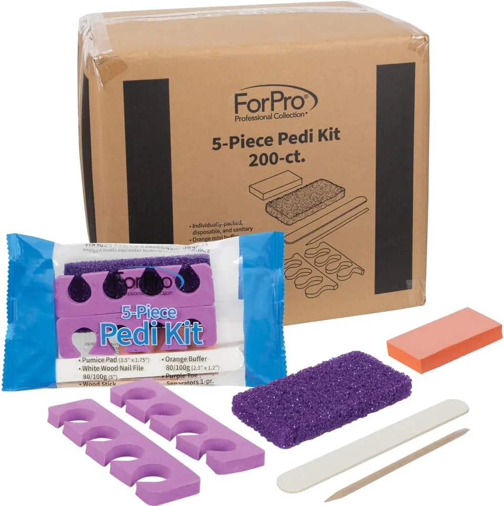 مجموعه حرفه ای پدیکور 5 تکه ForPro، 200 عدد، بسته بندی مجزا، پد سنگ پا بنفش، سوهان ناخن چوبی درجه 80/100، بافر کوچک درجه 80/100، چوب مانیکور، جدا کننده انگشت پا