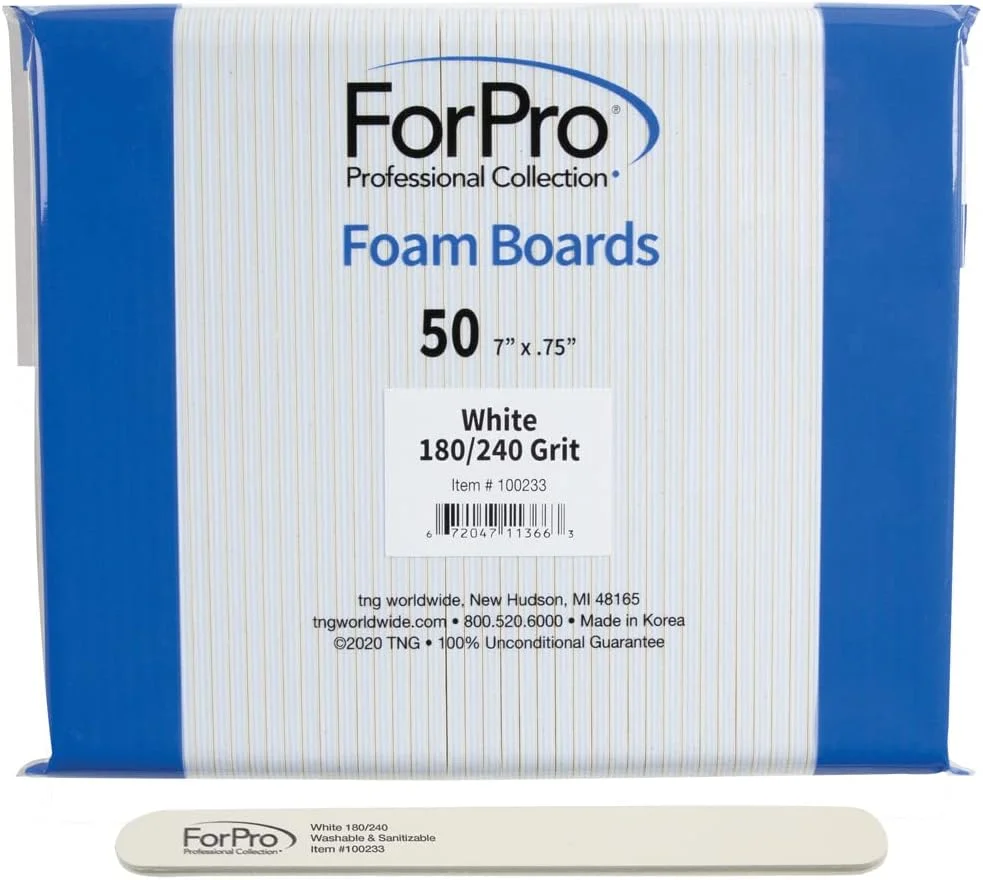 تخته سوهان فومی سفید فورپرو، درجه زبری ۱۸۰/۲۴۰، سوهان ناخن مایلار مناسب مانیکور و پدیکور، طول ۱۷.۷۸ سانتی متر، عرض ۱.۹ سانتی متر، بسته ۵۰ عددی