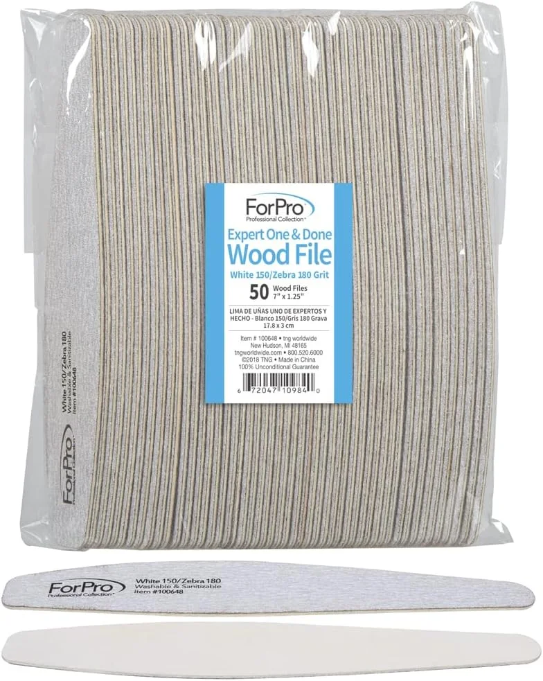 سوهان چوبی یکبار مصرف حرفه ای ForPro، سفید درجه 150/راه راه گورخری درجه 180، سوهان ناخن مانیکور و پدیکور، 18 سانتی متر طول و 3 سانتی متر عرض، بسته 50 عددی