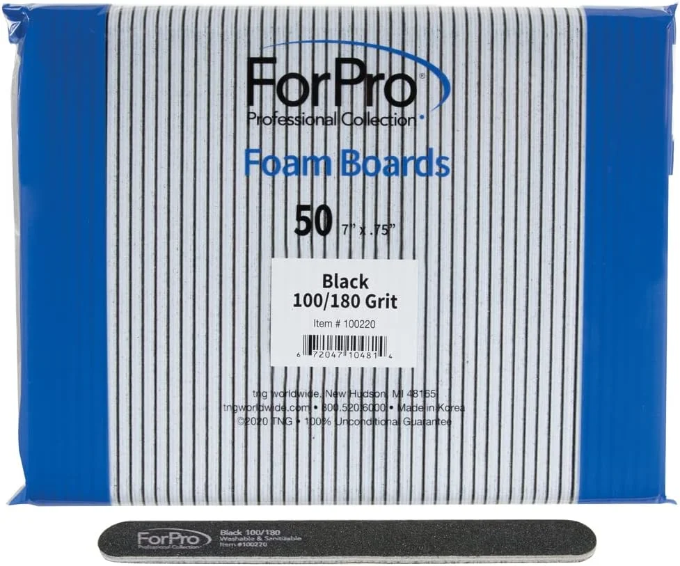 تخته سمباده فومی ناخن ForPro Professional Collection، مشکی، درجه زبری 100/180، دو طرفه، مناسب مانیکور، طول 18 سانتی متر، عرض 2 سانتی متر، 50 عدد تخته سمباده فومی ناخن ForPro Professional Collection، مشکی، درجه زبری 100/180، دو طرفه، مناسب مانیکور، طول 18 سانتی متر، عرض 2 سانتی متر، 50 عدد