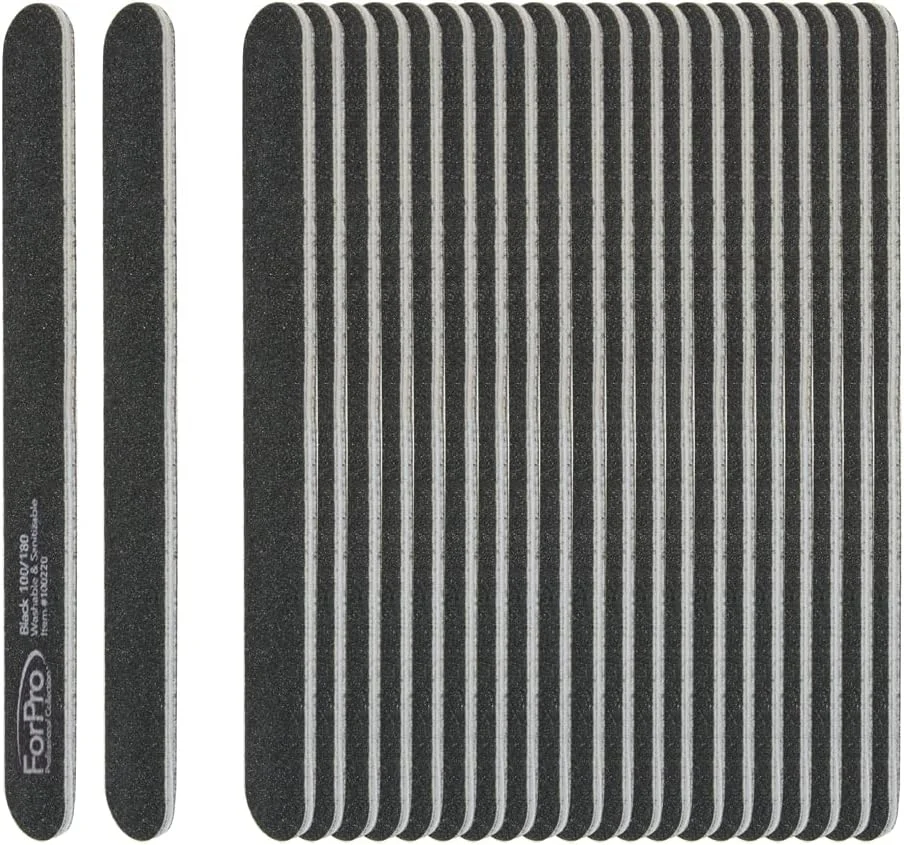تخته سمباده فومی ناخن ForPro Professional Collection، مشکی، درجه زبری 100/180، دو طرفه، مناسب مانیکور، طول 18 سانتی متر، عرض 2 سانتی متر، 50 عدد