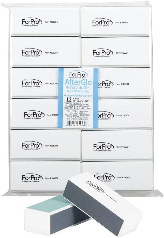 بافر چهار طرفه AfterGlo کالکشن حرفه ای ForPro، مشکی 360/مشکی 360/سبز 400/سفید 4000 گریت، بافر ناخن چهار طرفه برای مانیکور و پدیکور، 1.125 اینچ ارتفاع x 1.5 اینچ عرض x 3.5 اینچ طول، بسته 12 عددی
