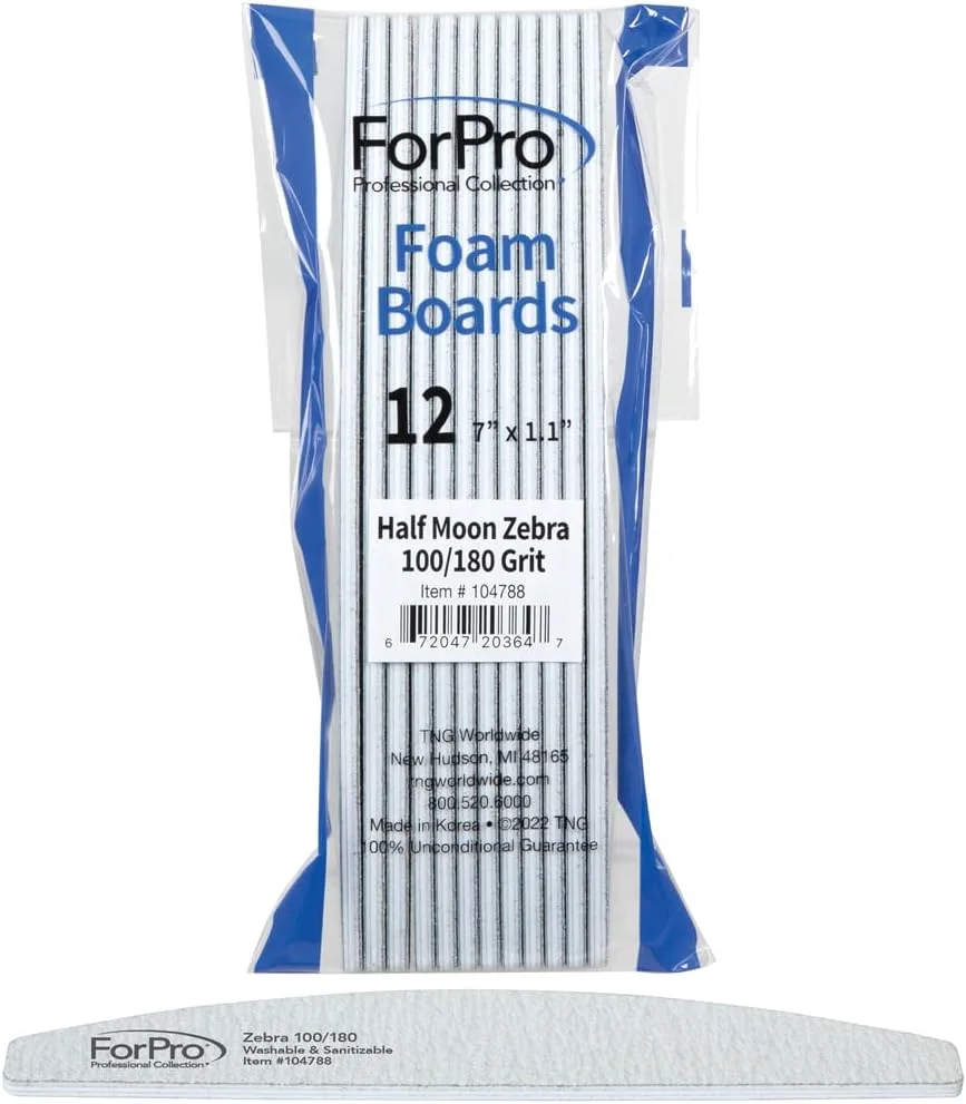 تخته سنباده هلالی فورپرو، طرح گورخری، درجه زبری 100/180، دو طرفه، مناسب مانیکور و پدیکور، طول 18 سانتی متر، عرض 2.8 سانتی متر، بسته 12 عددی