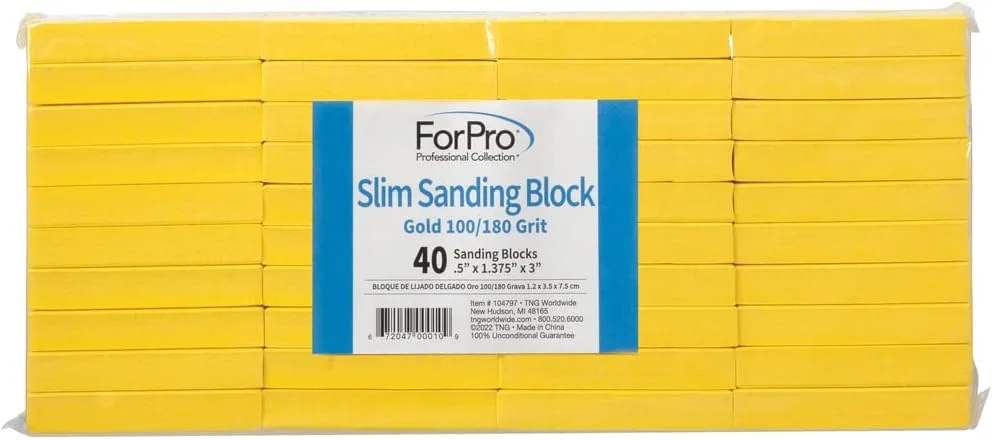 بلاک سنباده باریک مجموعه حرفه ای فورپرو، طلایی، درجه زبری 100/180، برای مانیکور و پدیکور، بدون آسیب رساندن یا ایجاد خراش، 0.5 اینچ ارتفاع x 3 اینچ طول x 1.375 اینچ عرض، 40 عدد