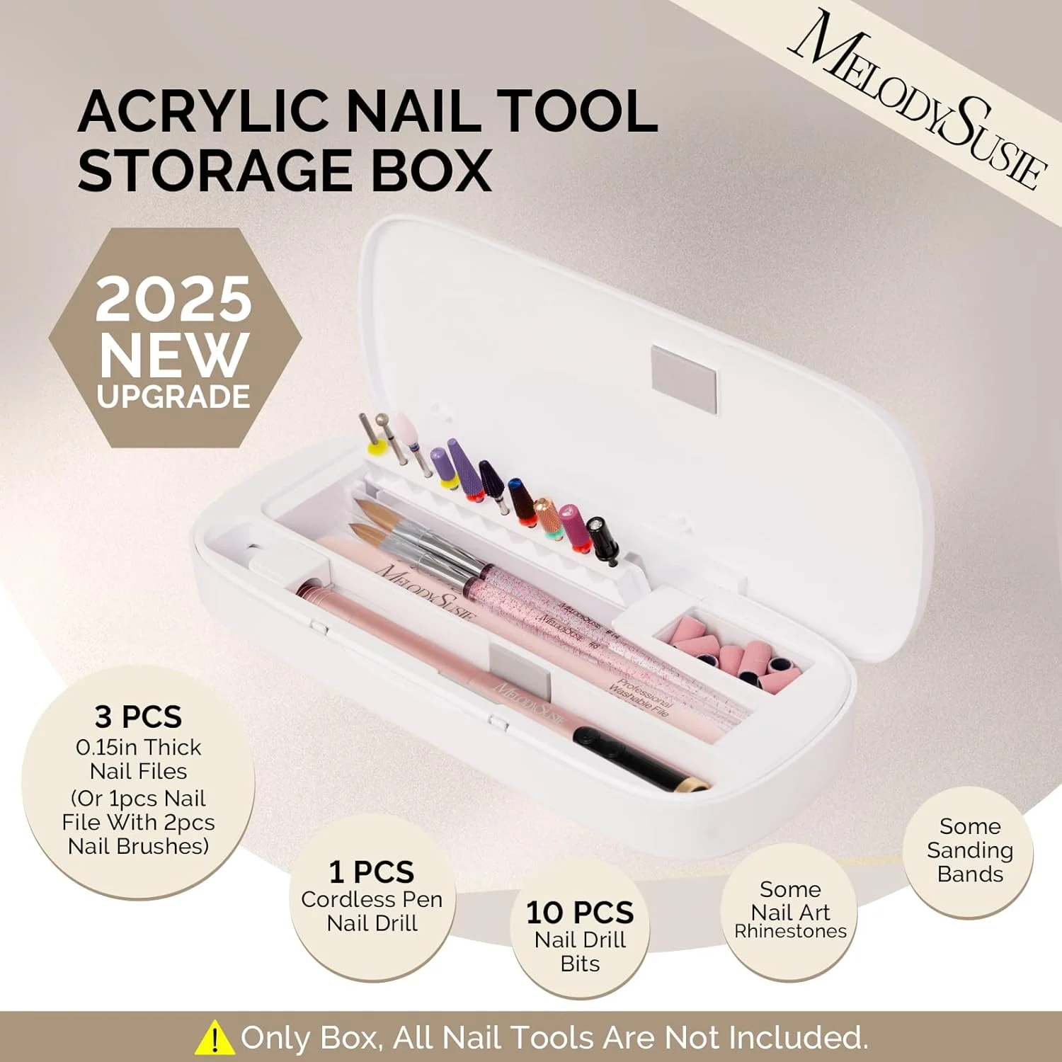 جعبه نگهداری ابزار ناخن آکریلیک MelodySusie [ارتقا یافته 2025]، جعبه قابل حمل ضد گرد و غبار، نگهدارنده و سازمان دهنده لوازم جانبی مانیکور و سوهان برقی، مناسب برای سفر، سالن و منزل، سفید (فقط جعبه)