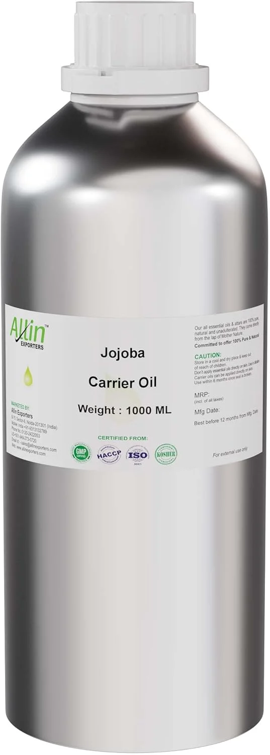 روغن جوجوبا آلین اکسپورترز 100% طبیعی و خالص، روغن پایه حامل پرس سرد برای رشد مو، ماساژ پوست خشک، صورت، لب ها، کوتیکول ها، چین و چروک و ترک های پوستی (1000 میلی لیتر)