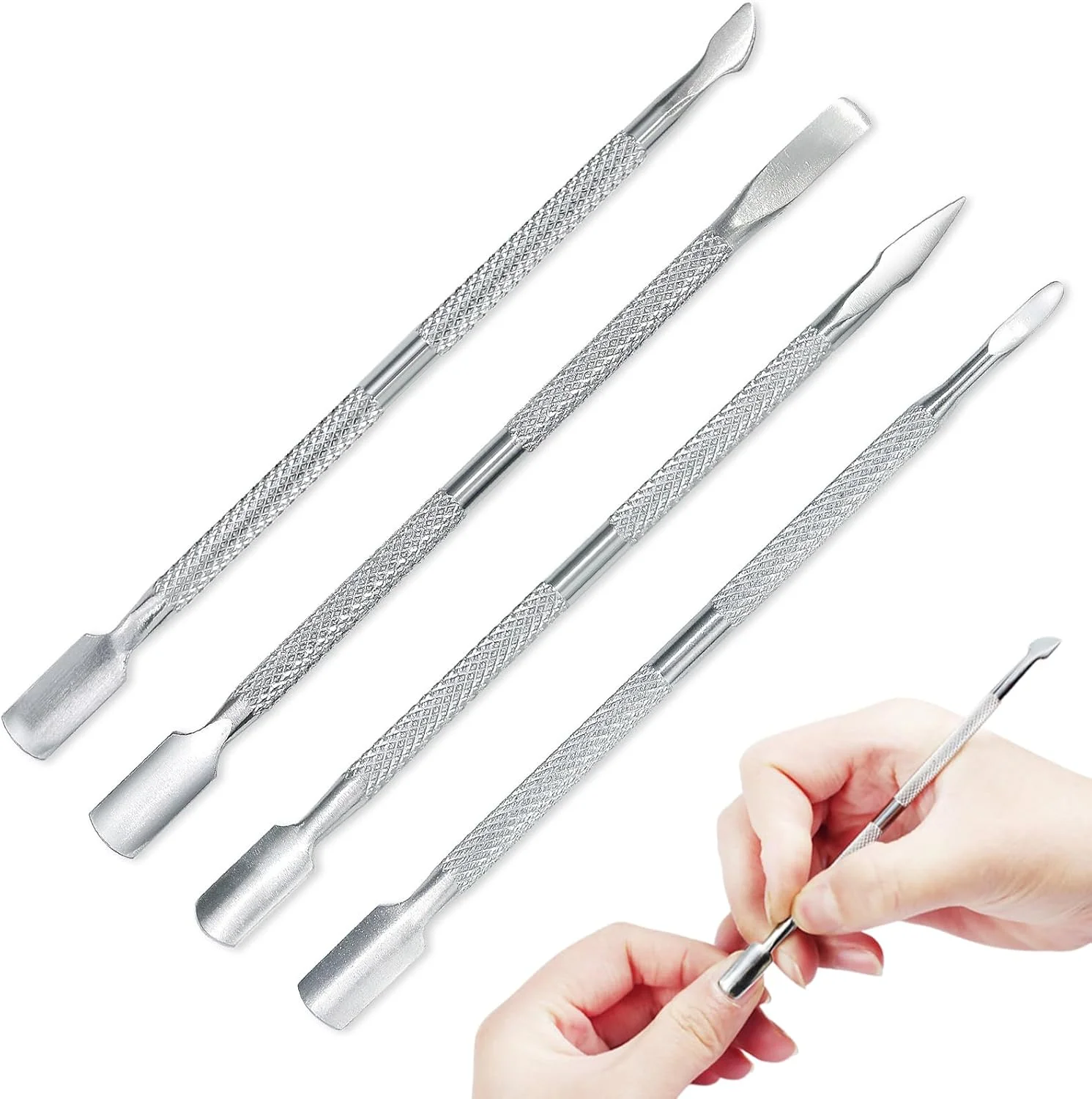 ست ابزار مانیکور و پدیکور، شامل عقب زن و از بین برنده پوست های مرده اطراف ناخن، ابزار حرفه ای از جنس استیل ضد زنگ، بادوام برای ناخن های دست و پا، 4 عدد در هر ست ست ابزار مانیکور و پدیکور، شامل عقب زن و از بین برنده پوست های مرده اطراف ناخن، ابزار حرفه ای از جنس استیل ضد زنگ، بادوام برای ناخن های دست و پا، 4 عدد در هر ست