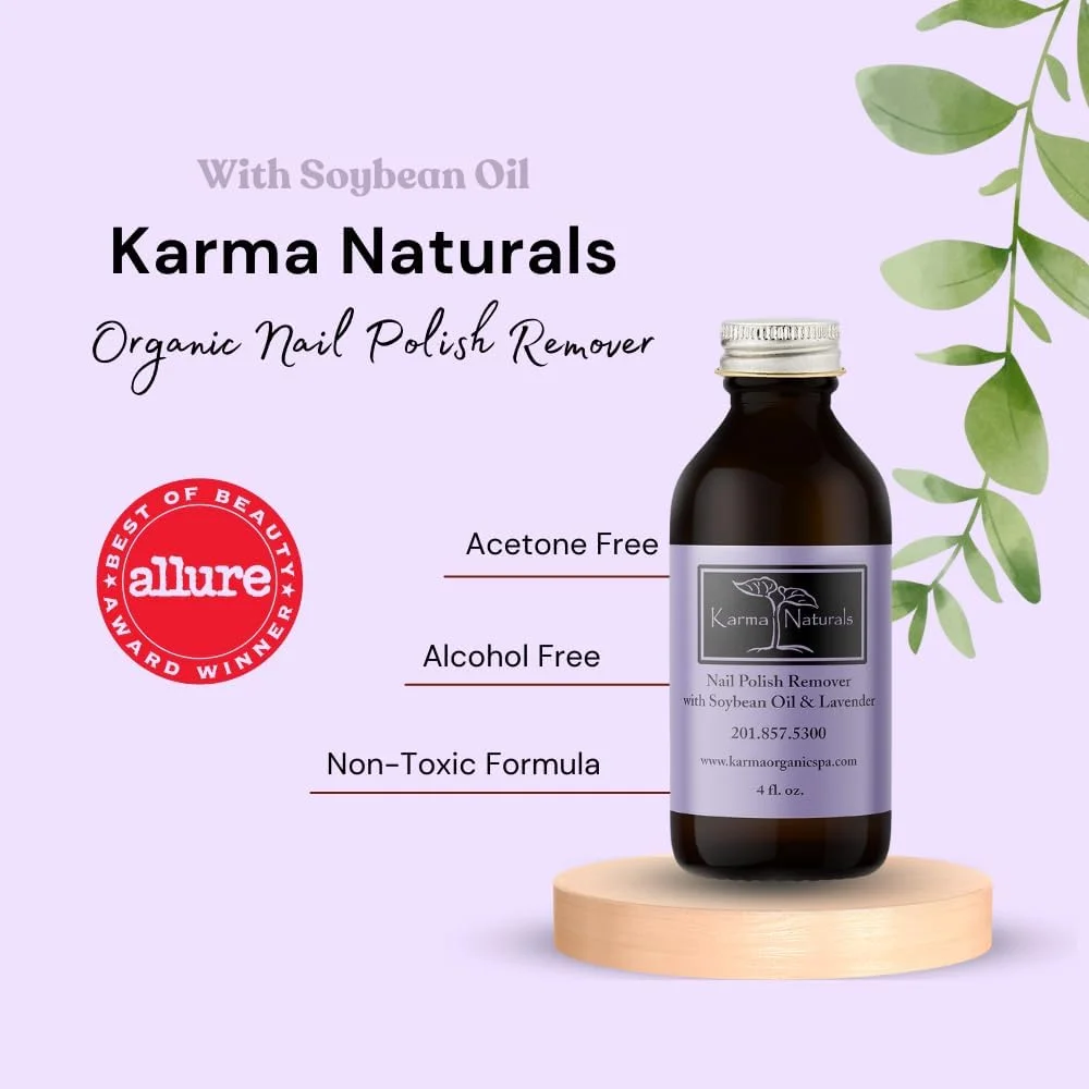 پاک کننده لاک ناخن ارگانیک کارما با روغن سویا و روغن اسطوخودوس - غیر سمی، وگان، بدون ظلم به حیوانات، بدون استون - تقویت کننده ناخن برای ناخن های دست - 4 fl. Oz
