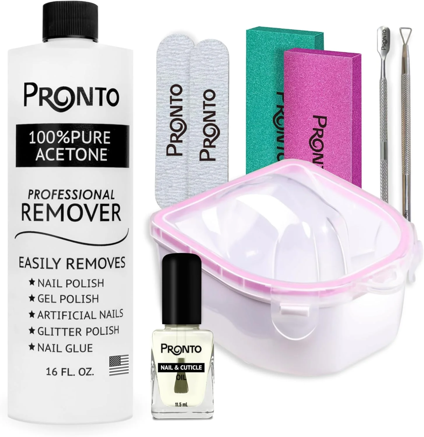 مجموعه پاک کننده لاک ژل Pronto - استون خالص ۴۷۳ میلی لیتری، کاسه خیساندن ناخن، روغن کوتیکول مرطوب کننده، مجموعه مانیکور شامل ابزار لاک ژل، سوهان ناخن، بافر ناخن، عقب زننده کوتیکول و خراشنده ناخن