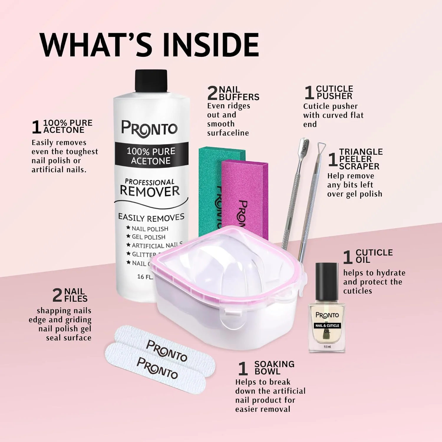 مجموعه پاک کننده لاک ژل Pronto - استون خالص ۴۷۳ میلی لیتری، کاسه خیساندن ناخن، روغن کوتیکول مرطوب کننده، مجموعه مانیکور شامل ابزار لاک ژل، سوهان ناخن، بافر ناخن، عقب زننده کوتیکول و خراشنده ناخن مجموعه پاک کننده لاک ژل Pronto - استون خالص ۴۷۳ میلی لیتری، کاسه خیساندن ناخن، روغن کوتیکول مرطوب کننده، مجموعه مانیکور شامل ابزار لاک ژل، سوهان ناخن، بافر ناخن، عقب زننده کوتیکول و خراشنده ناخن