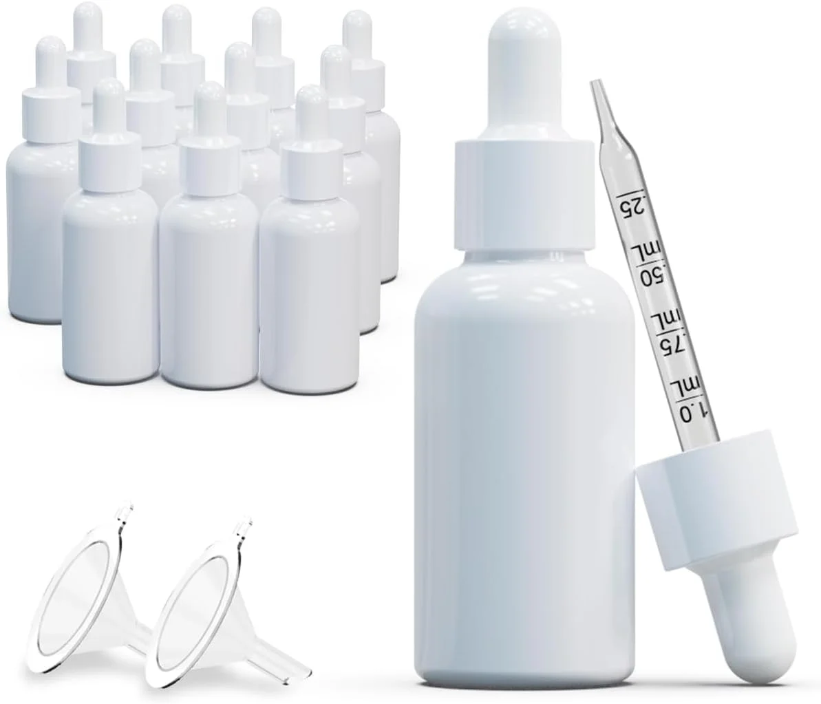 بسته 12 عددی بطری شیشه ای قطره چکان (30 میلی لیتر) با روکش سفید، بطری های خالی شیشه ای به همراه قیف، بطری قطره چکان چشمی برای روغن های اساسی، روغن های کوتیکول، روغن های بدن، بطری های تنتور