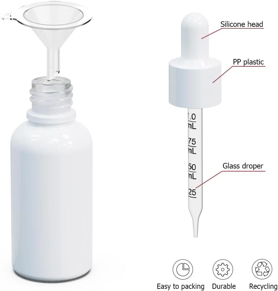 بسته 12 عددی بطری شیشه ای قطره چکان (30 میلی لیتر) با روکش سفید، بطری های خالی شیشه ای به همراه قیف، بطری قطره چکان چشمی برای روغن های اساسی، روغن های کوتیکول، روغن های بدن، بطری های تنتور بسته 12 عددی بطری شیشه ای قطره چکان (30 میلی لیتر) با روکش سفید، بطری های خالی شیشه ای به همراه قیف، بطری قطره چکان چشمی برای روغن های اساسی، روغن های کوتیکول، روغن های بدن، بطری های تنتور