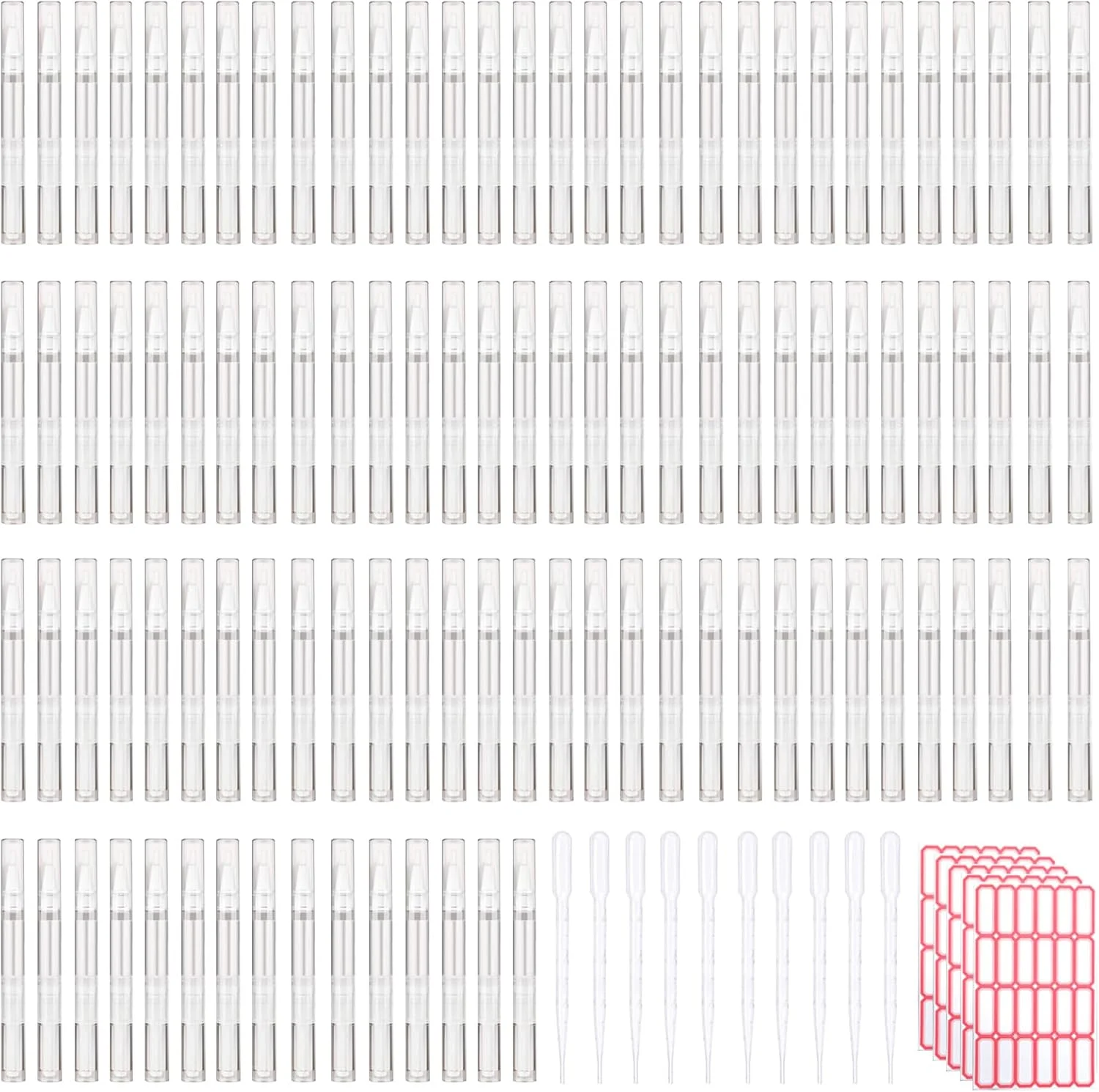 بسته 110 عددی قلم روغن کوتیکول خالی 3 میلی لیتری، قلم پیچشی شفاف خالی روغن ناخن با نوک برس، ظرف لوازم آرایشی برای روغن ناخن خانگی، براق کننده لب، مایع رشد مژه، سفید