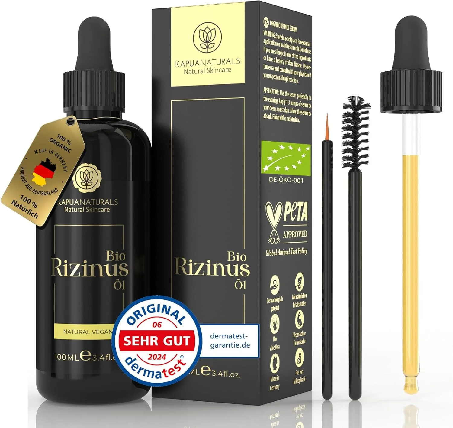 روغن کرچک ارگانیک، 100 میلی لیتر، 100% خالص و پرس سرد، روغن کرچک برای رشد مو، مژه، ابرو، ریش و ناخن، وگان، بدون افزودنی، ساخت آلمان، بالاترین سطح خلوص