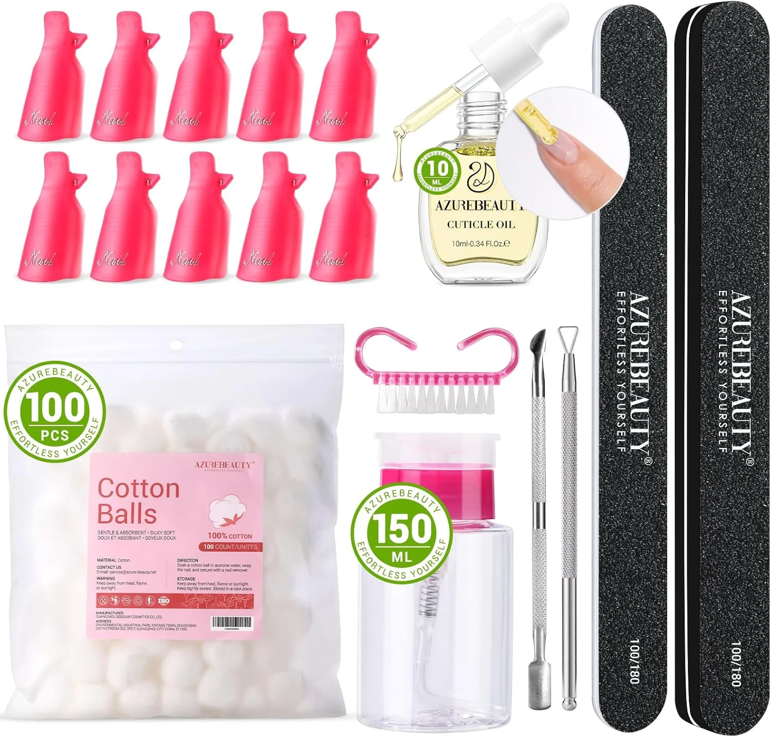 مجموعه ابزار حذف لاک ژل ناخن AZUREBEAUTY به همراه روغن کوتیکول 10 میلی لیتری، 10 عدد گیره ناخن، بطری 150 میلی لیتری محلول پاک کننده، توپک های پنبه ای پاک کننده ناخن، عقب زننده کوتیکول، برس لایه بردار، سوهان ناخن و بافر - ابزارهای جامع