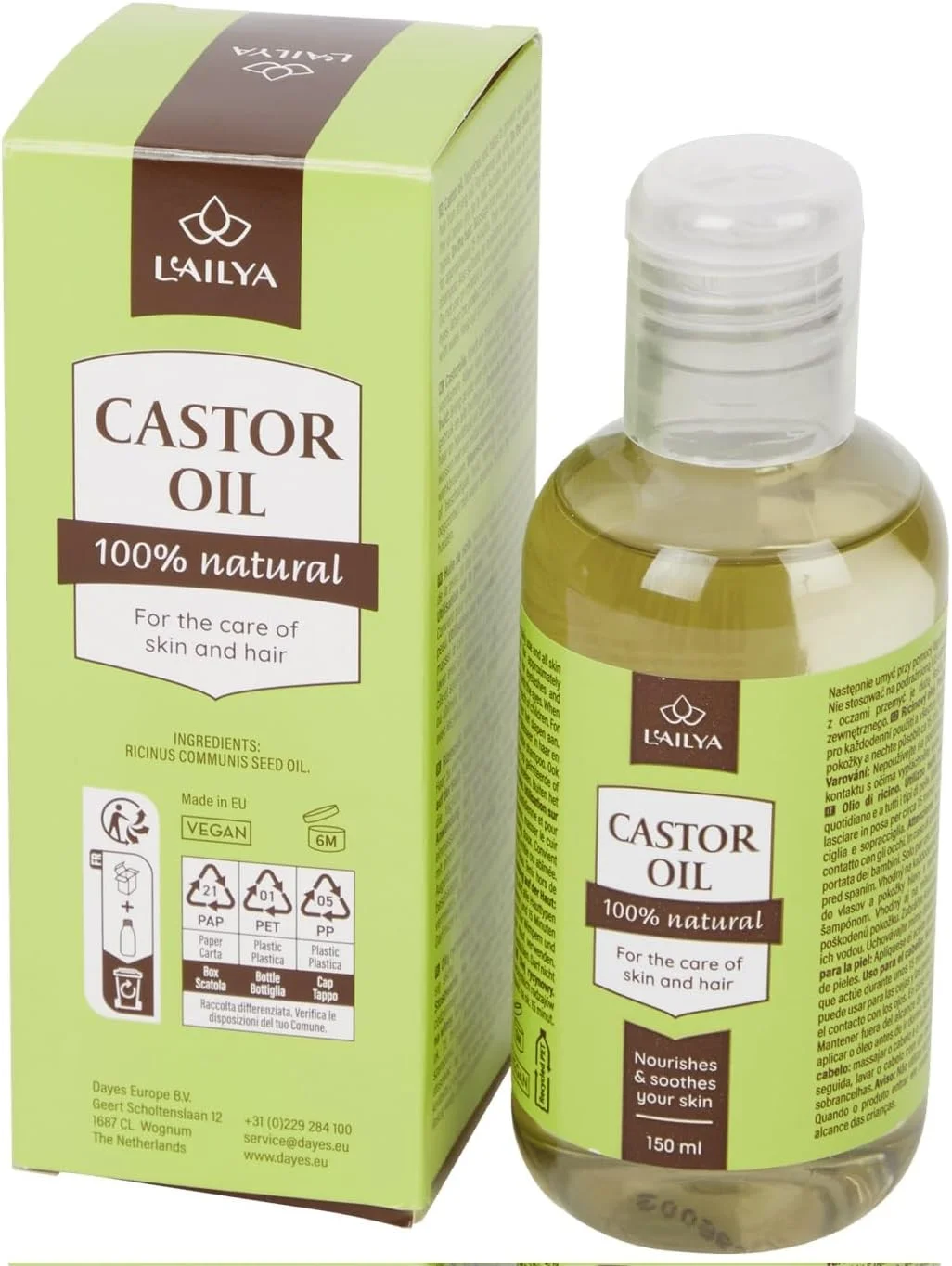 روغن ۱۰۰٪ طبیعی و ارگانیک لایلیا، روغن طبیعی پوست، مو و ناخن (۱۵۰ میلی لیتر، روغن کرچک)