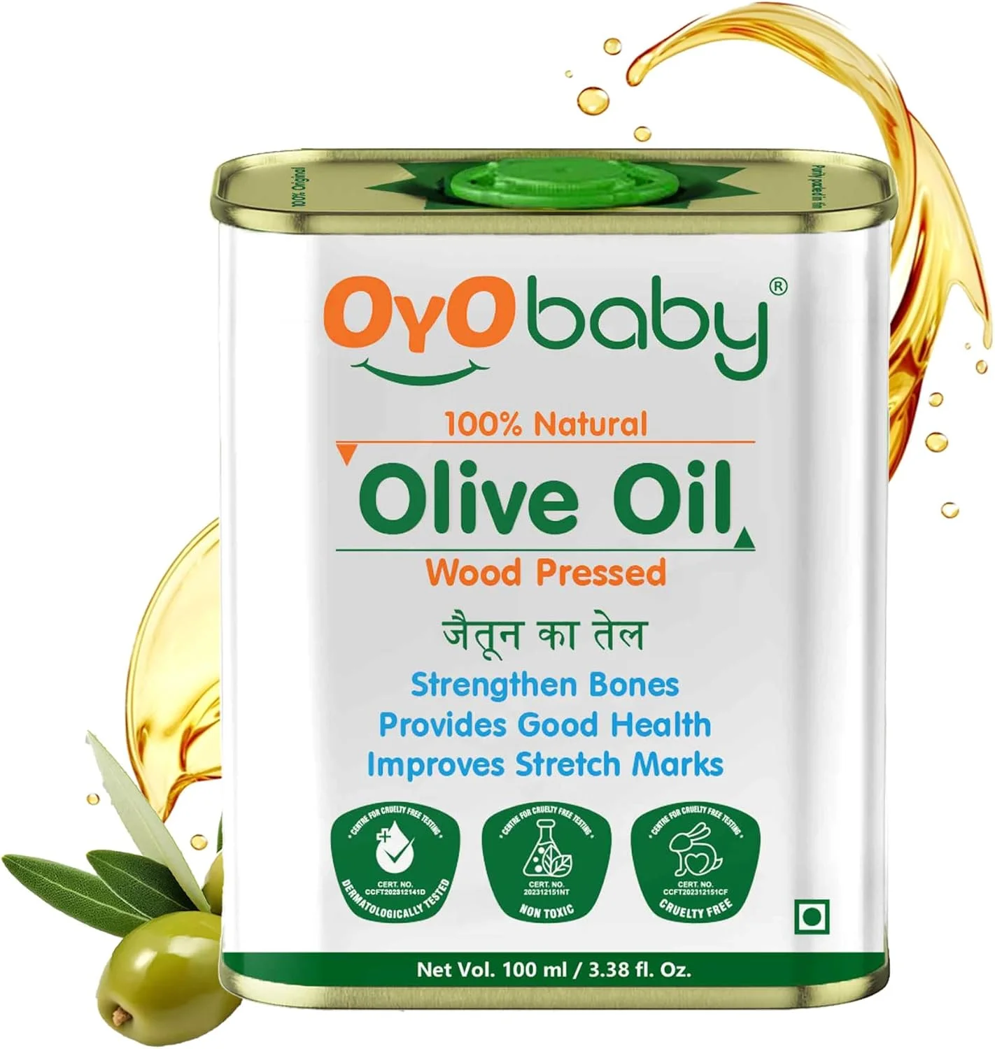 روغن ماساژ کودک OYO BABY روغن زیتون 100% خالص و طبیعی 100 میلی لیتر | رشد فیزیکی سریعتر برای استخوان ها و عضلات قوی تر | روغن موی کودک پرس شده با چوب - بسته 1 عددی