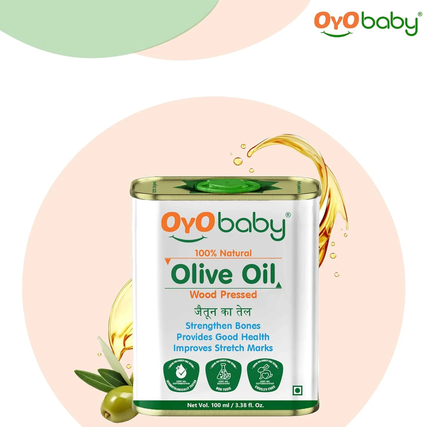 روغن ماساژ کودک OYO BABY روغن زیتون 100% خالص و طبیعی 100 میلی لیتر | رشد فیزیکی سریعتر برای استخوان ها و عضلات قوی تر | روغن موی کودک پرس شده با چوب - بسته 1 عددی