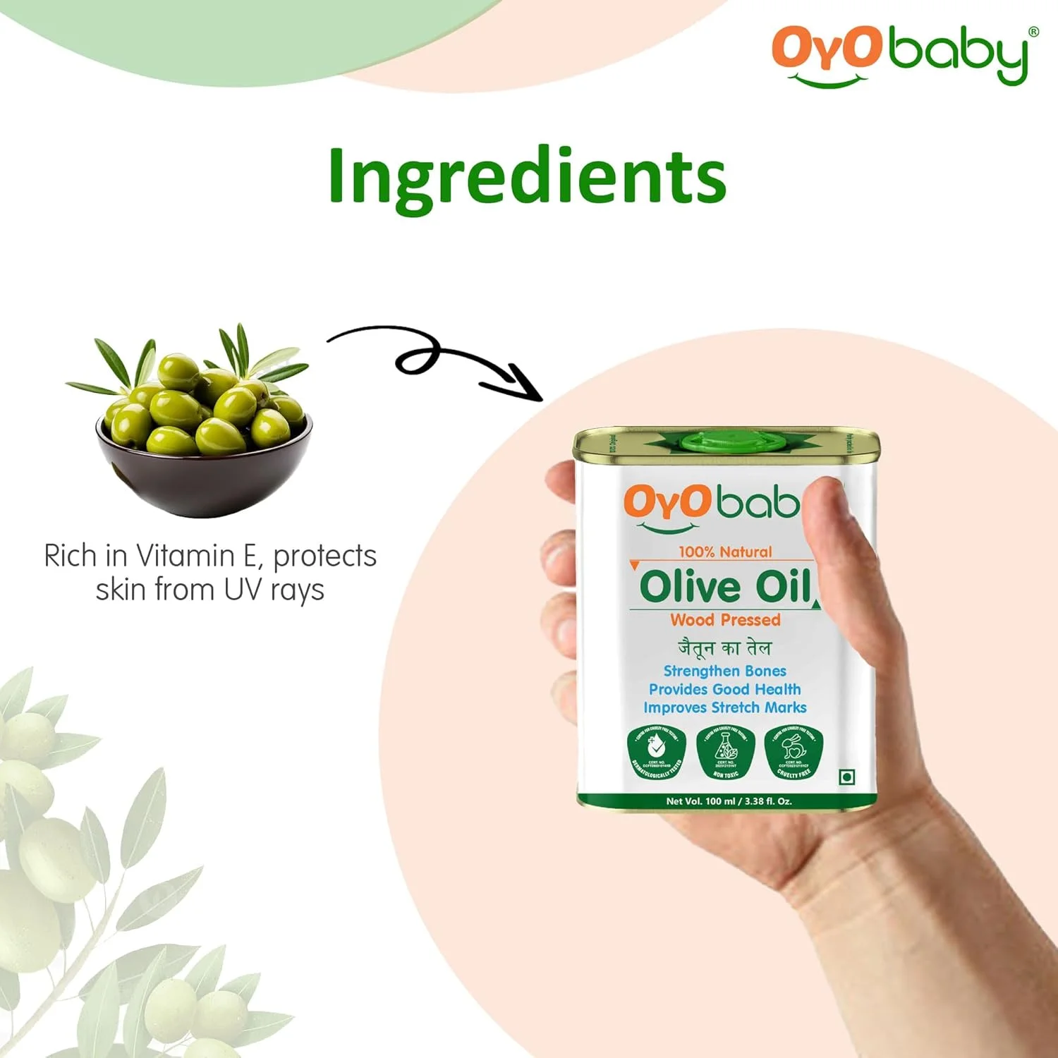 روغن ماساژ کودک OYO BABY روغن زیتون 100% خالص و طبیعی 100 میلی لیتر | رشد فیزیکی سریعتر برای استخوان ها و عضلات قوی تر | روغن موی کودک پرس شده با چوب - بسته 1 عددی