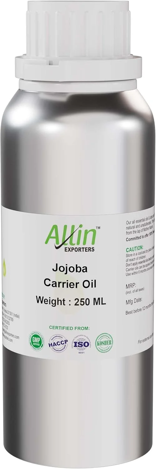 روغن جوجوبا آلین اکسپورترز ۱۰۰% طبیعی و خالص، روغن پایه حامل فشرده سرد برای رشد مو، ماساژ پوست خشک، صورت، لب ها، کوتیکول ها، چین و چروک و ترک های پوستی (250 میلی لیتر)