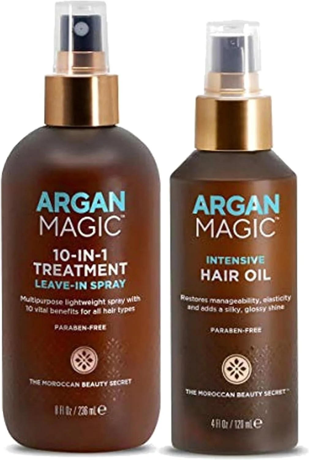 مجموعه اسپری حالت دهنده و درمانی 10 در 1 آرگان مجیک + روغن موی فشرده - اسپری چند منظوره برای انواع مو | آبرسان | ساخت آمریکا | فاقد پارابن | بدون تست حیوانی (236 میلی لیتر / 118 میلی لیتر)