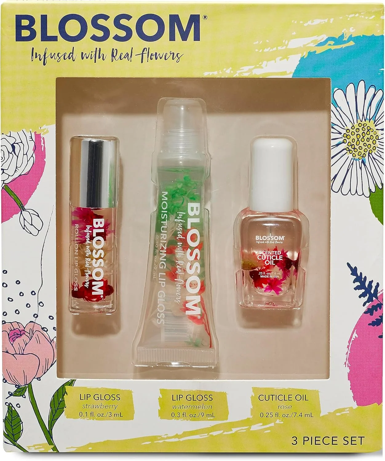 بالم لب رولی معطر با رایحه شکوفه، تیوب بالم لب مرطوب کننده، روغن کوتیکول معطر آبرسان و تقویت کننده حاوی گل های طبیعی، 19.4 میلی لیتر، مجموعه هدیه 3 عددی، توت فرنگی/هندوانه/رز