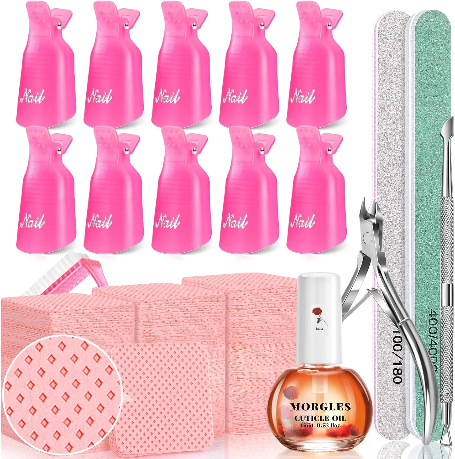 مجموعه پاک کننده لاک ژل مورگلس، گیره های ناخن صورتی و پدهای بدون پرز برای پاک کردن لاک، روغن کوتیکول و ابزار مرتب کننده کوتیکول، برس تمیز کننده خراشنده ناخن، سوهان و بافر ناخن