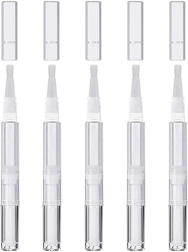 مجموعه 5 عددی قلم پیچشی خالی 3 میلی لیتری با برس، لوله قابل حمل برای روغن کوتیکول، لاک ناخن، ژل سفید کننده دندان، تقویت مژه و ظروف براق کننده لب